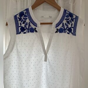Beautiful White Sleeveless Top with Blue Embroidery.  Cotton